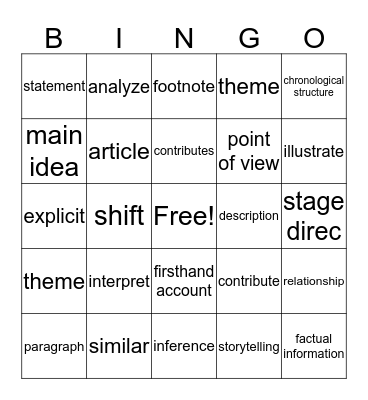 FSA Academic Vocabulary Bingo Card