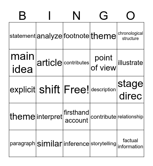 FSA Academic Vocabulary Bingo Card