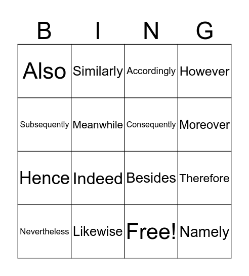 Conjunctive Adverbs  Bingo Card