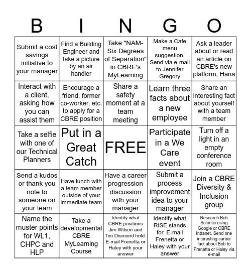 CBRE | ONE TEAM Bingo Card