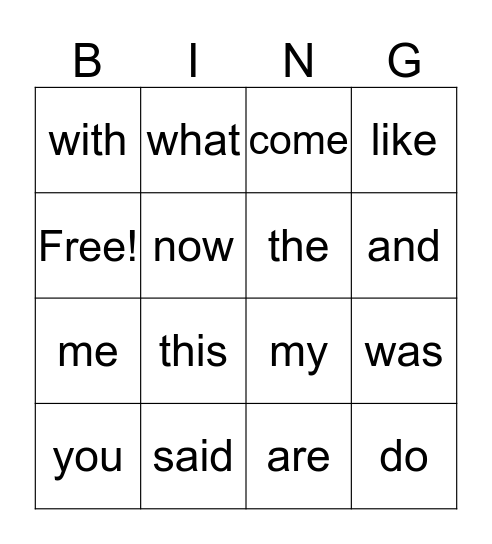 K Sight word Bingo Card