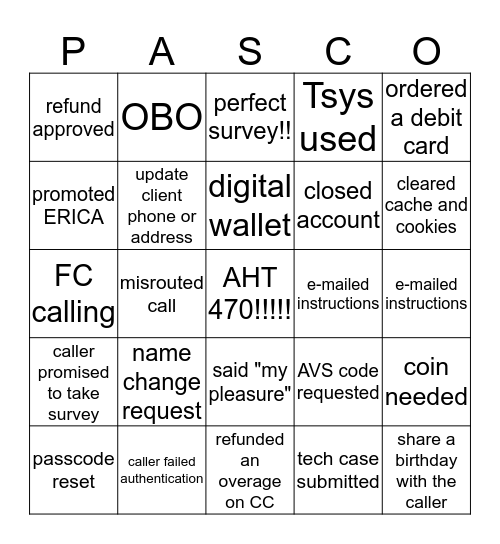 Pasco's Bingo  Bingo Card