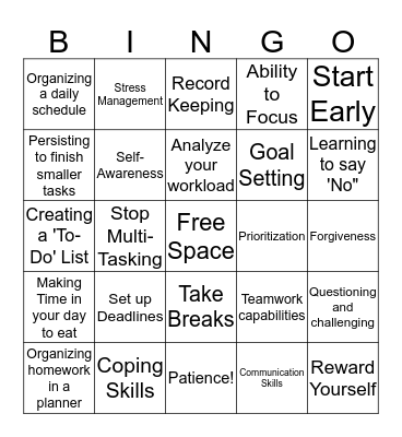 Time Managment Bingo Card