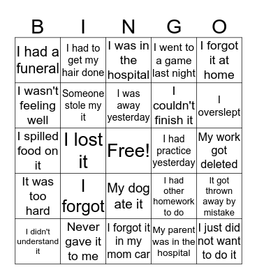 Student Excuses Bingo Card