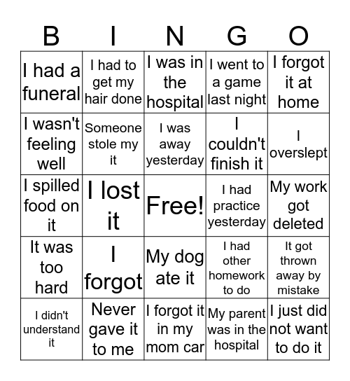 Student Excuses Bingo Card
