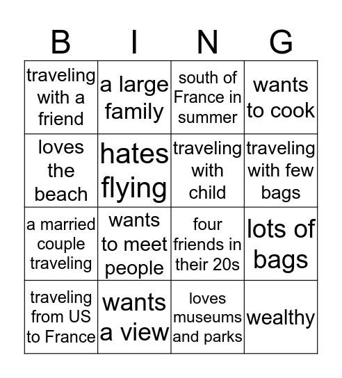 Travel vocab Bingo Card