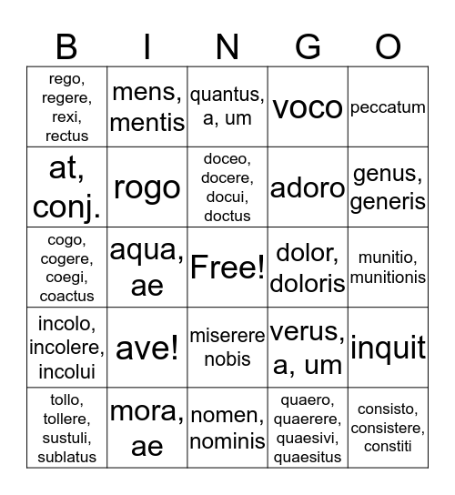Latin Bingo Card