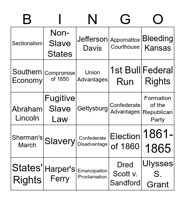 Civil War Causes and Events Bingo Card