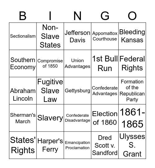 Civil War Causes and Events Bingo Card