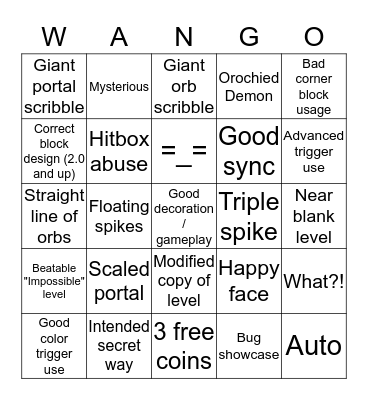 Geometry Dash bad levels 'Wango' Bingo Card