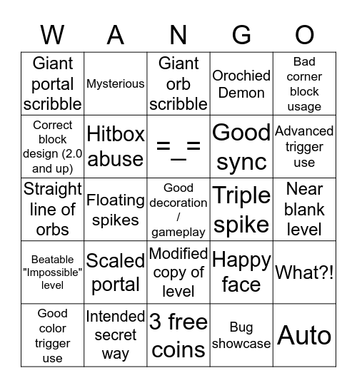 Geometry Dash Bad Levels Wango Bingo Card