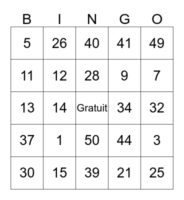 Les numeros Bingo Card