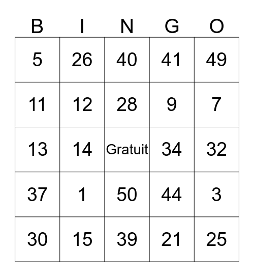 Les numeros Bingo Card