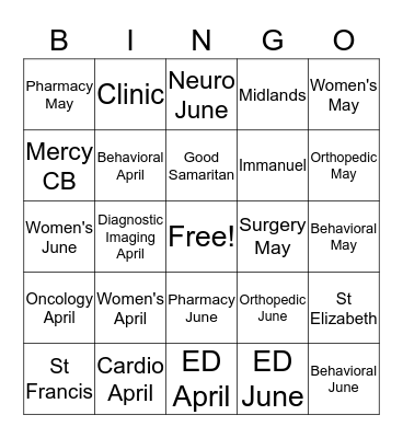 Service Line Bingo Card