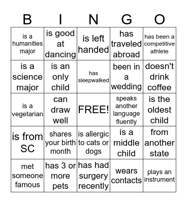 Cougar Bingo Card