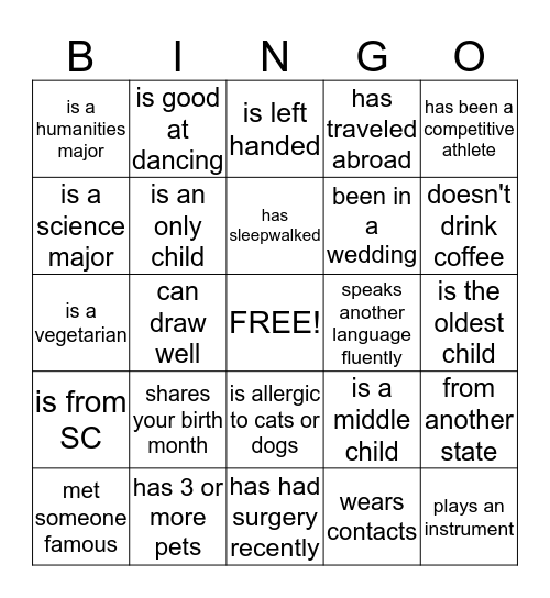 Cougar Bingo Card