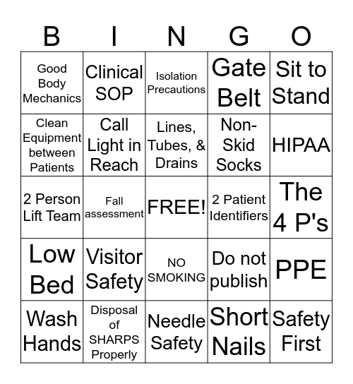 Hospital Safety Bingo Card