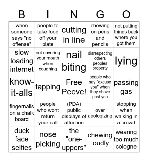 Pet Peeve Bingo Card