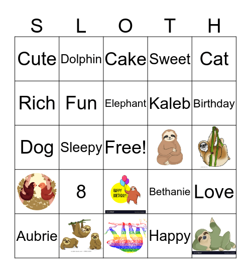 Sloth Bingo Card