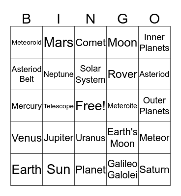 Solar System Bingo Card