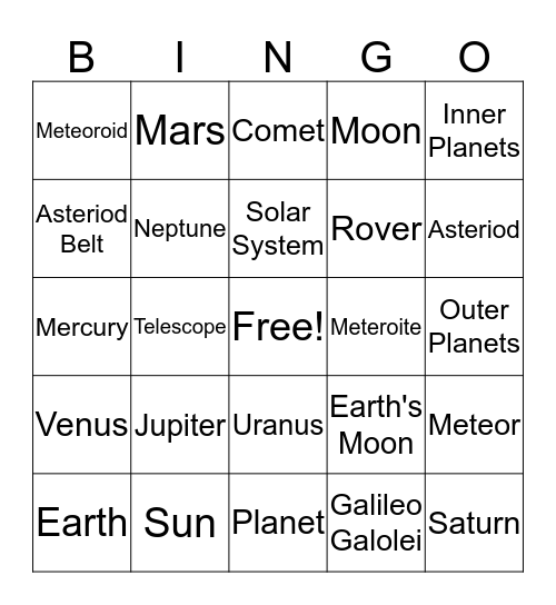 Solar System Bingo Card