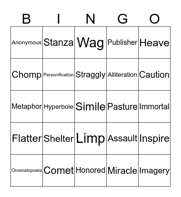 Love That Dog Vocabulary Bingo Card
