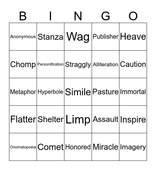 Love That Dog Vocabulary Bingo Card