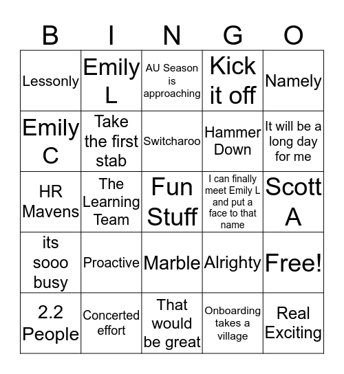 Emily Bingo Card