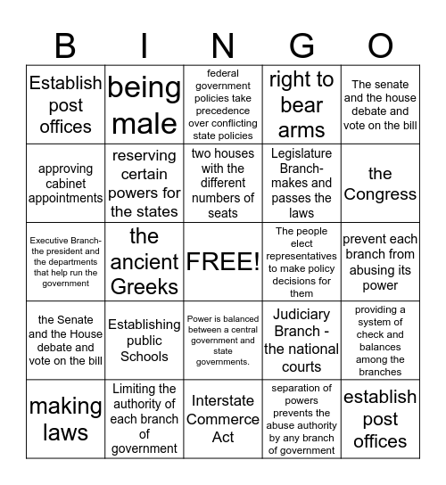 Civics-Structure and Purposes of Government -Part 1  Bingo Card