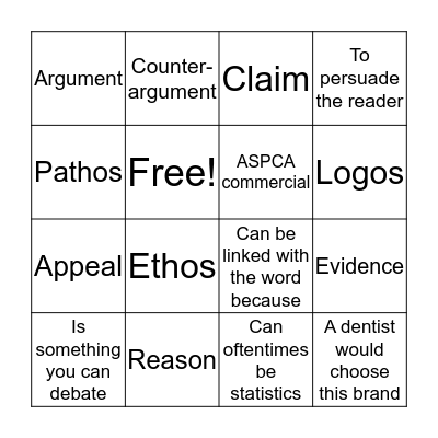 Argument Vocabulary Bingo Card