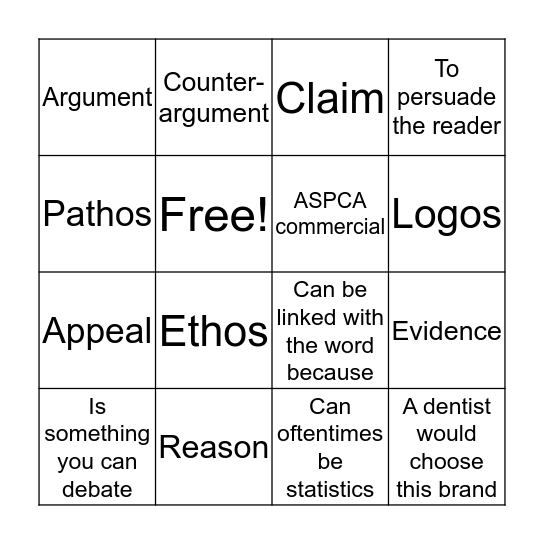 Argument Vocabulary Bingo Card