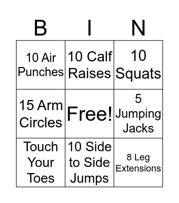 Fitness Bingo Card