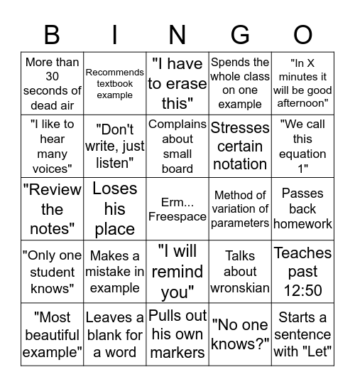 Diff EQ BINGO (standard BINGO rules) Bingo Card