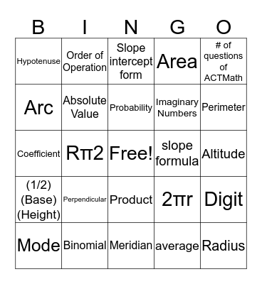 ACT Math  Bingo Card