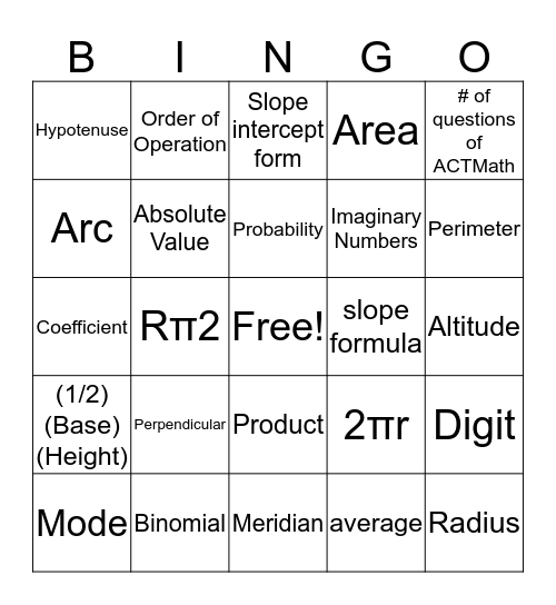 ACT Math  Bingo Card