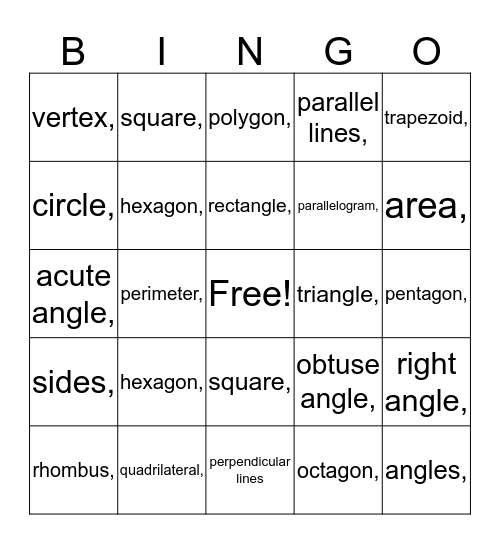 Geometry Bingo Card