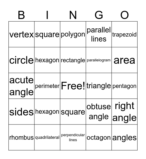 Geometry Bingo Card