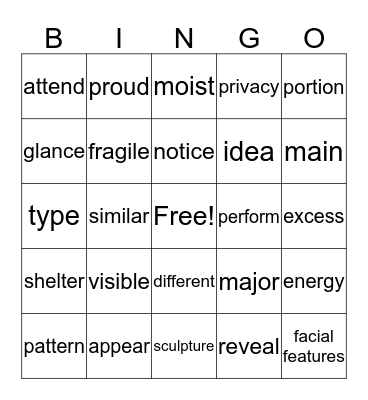 Vocabulary Bingo Card