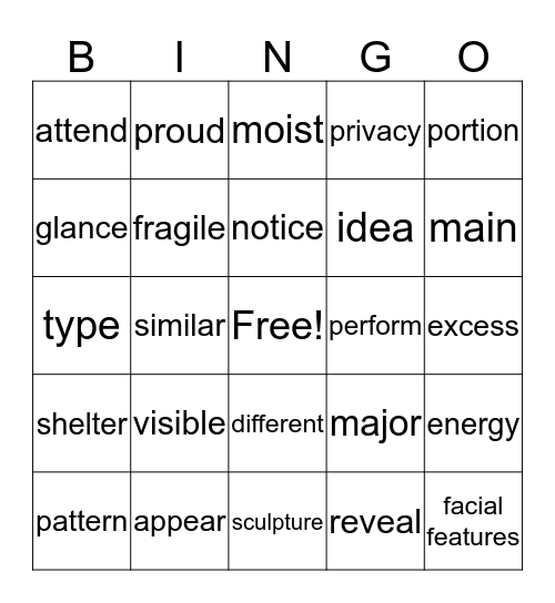 Vocabulary Bingo Card