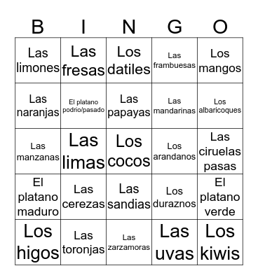 Fruits and Veggies Bingo Card