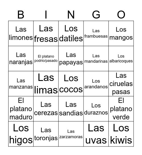 Fruits and Veggies Bingo Card