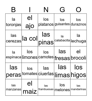 spanish foods/veggies Bingo Card