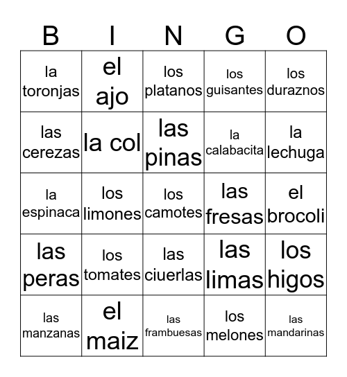 spanish foods/veggies Bingo Card