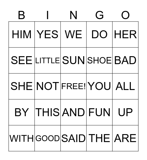 SIGHT WORDS Bingo Card