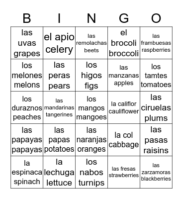 Fruits & Veggies Bingo Card