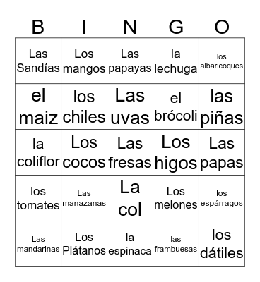 Fruits and Veggies Vocab.  Bingo Card
