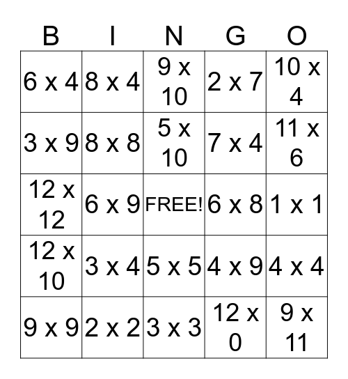 Multiplication Bingo Card