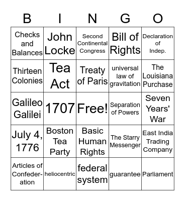 American Revolution Bingo Card