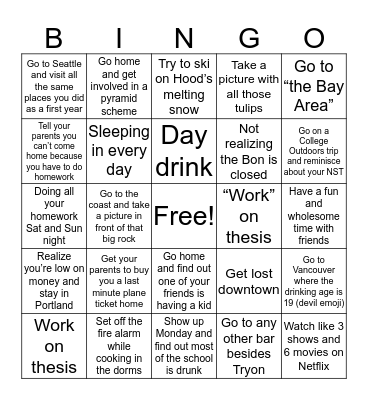 Spring Break Bingo Card