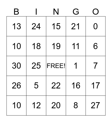NUMBER BINGO Card